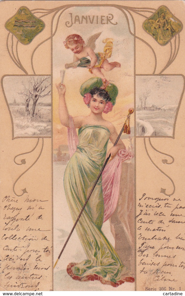 CPA  Représentation JANVIER - Signe Astrologique Verseau - Fantaisie Femme - Ange - 1901 - Astrologie