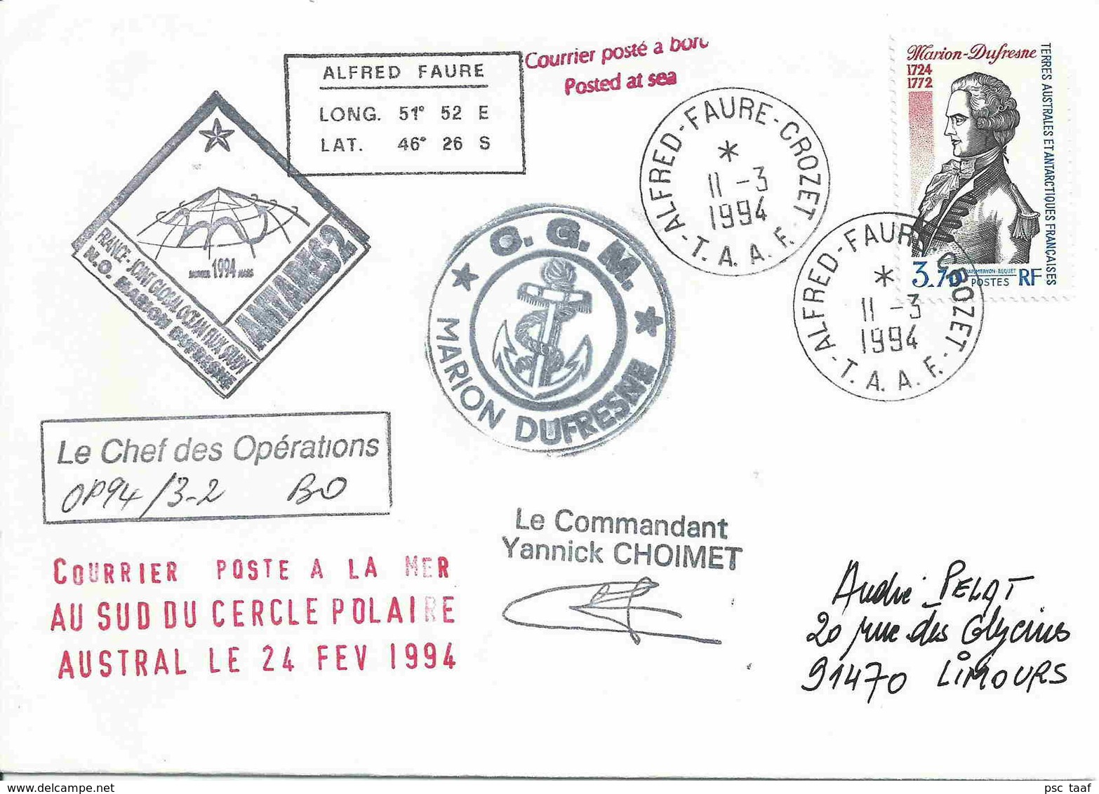 YT 168 - Marion Dufresne - Antares 2 - Alfred Faure - Crozet - Lettres & Documents