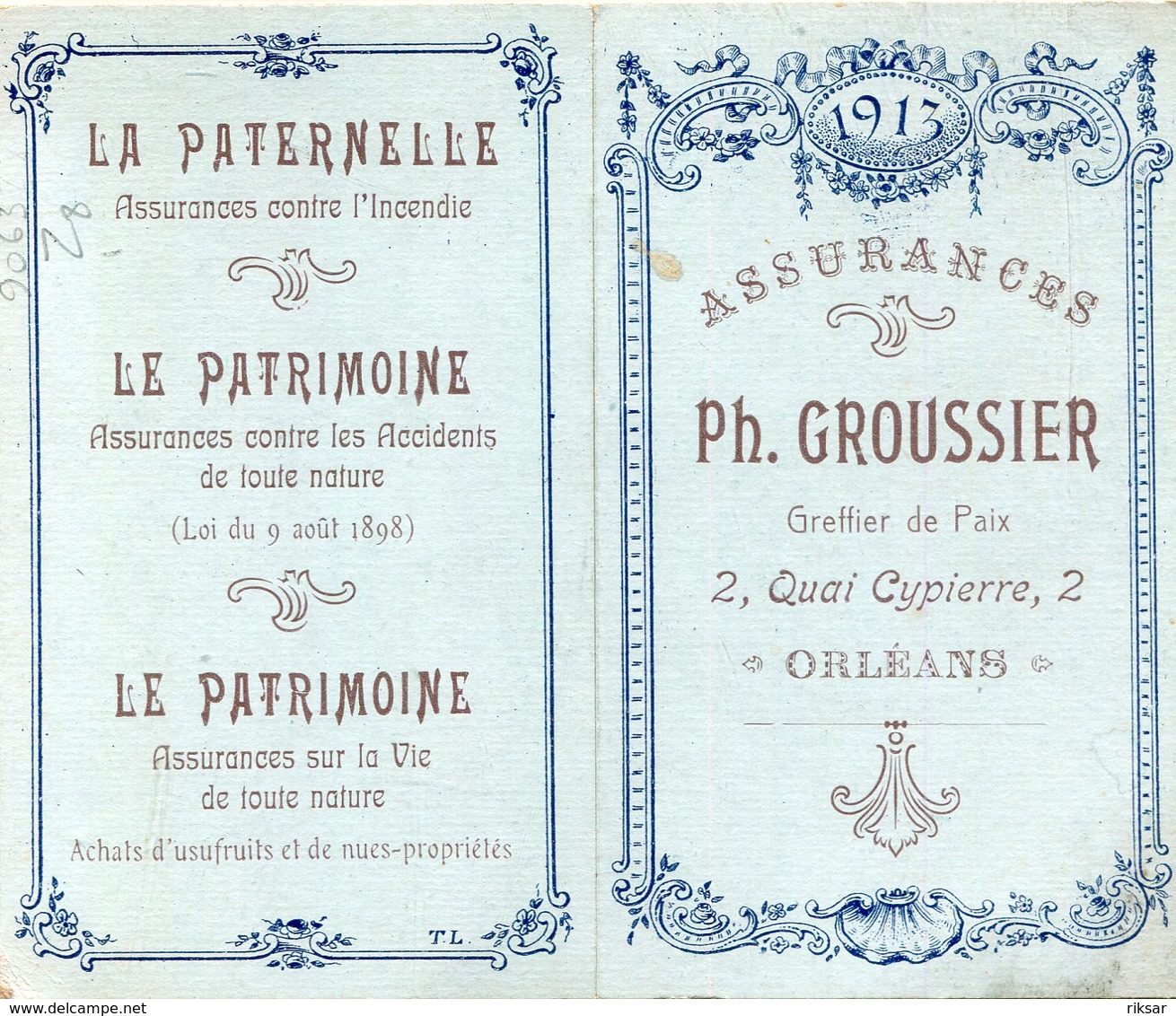 CALENDRIER 1913(ASSURANCE) ORLEANS - Petit Format : 1901-20