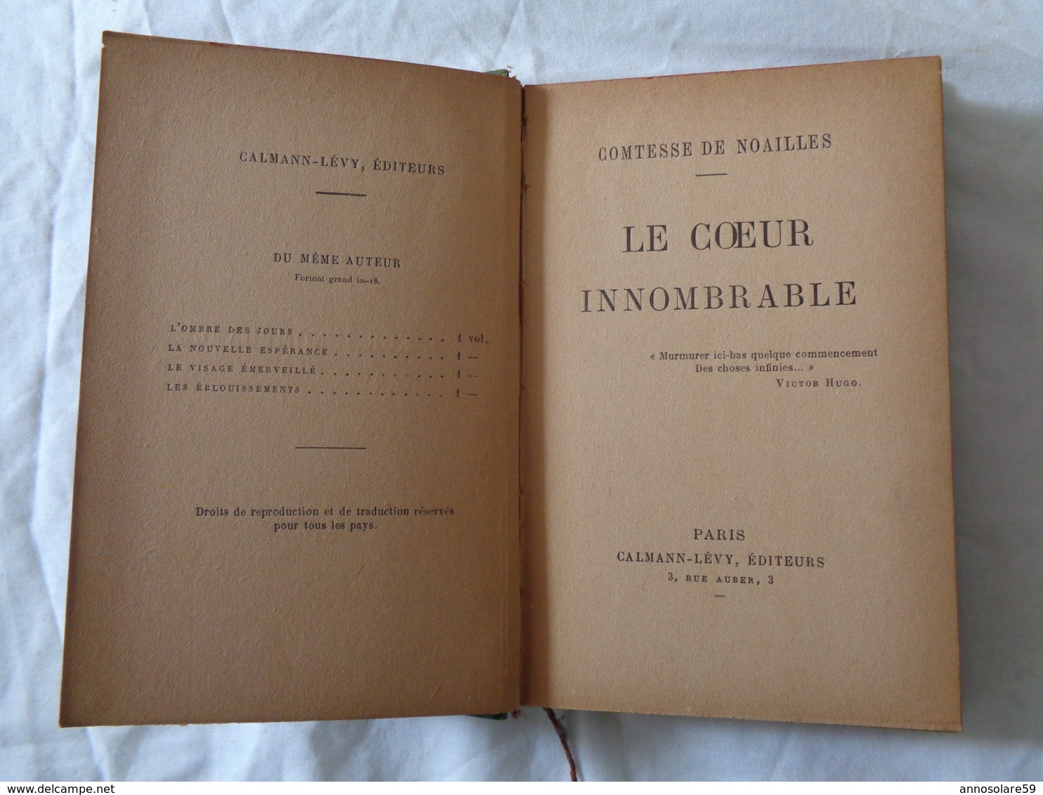 LIBRO D'EPOCA 1926 - COMTESSE DE NOAILLES - (LE COEUR INNOMBRABLE) - LEGGI - Recht Und Wirtschaft