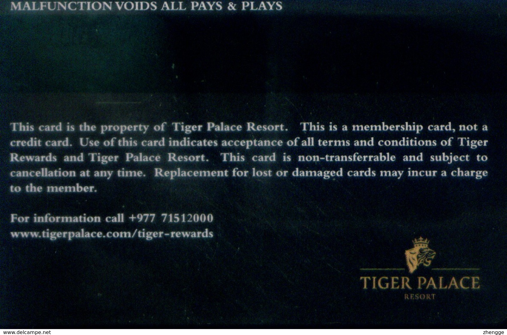 Nepal , Tiger Palace Resort , Tiger Rewards , Membership Card, (1pcs) - Népal