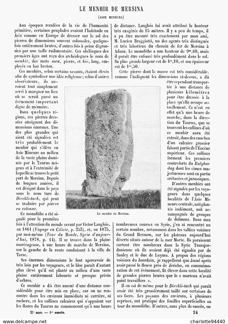 LE MENHIR De MERSINA ( ASIE MINEURE )   1899 - Archéologie