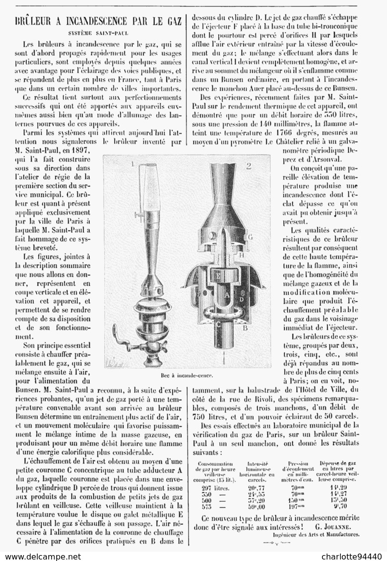 BRULEUR à INCANDESCENSE Par Le GAZ Systeme SAINT-PAUL  1900 - Other & Unclassified