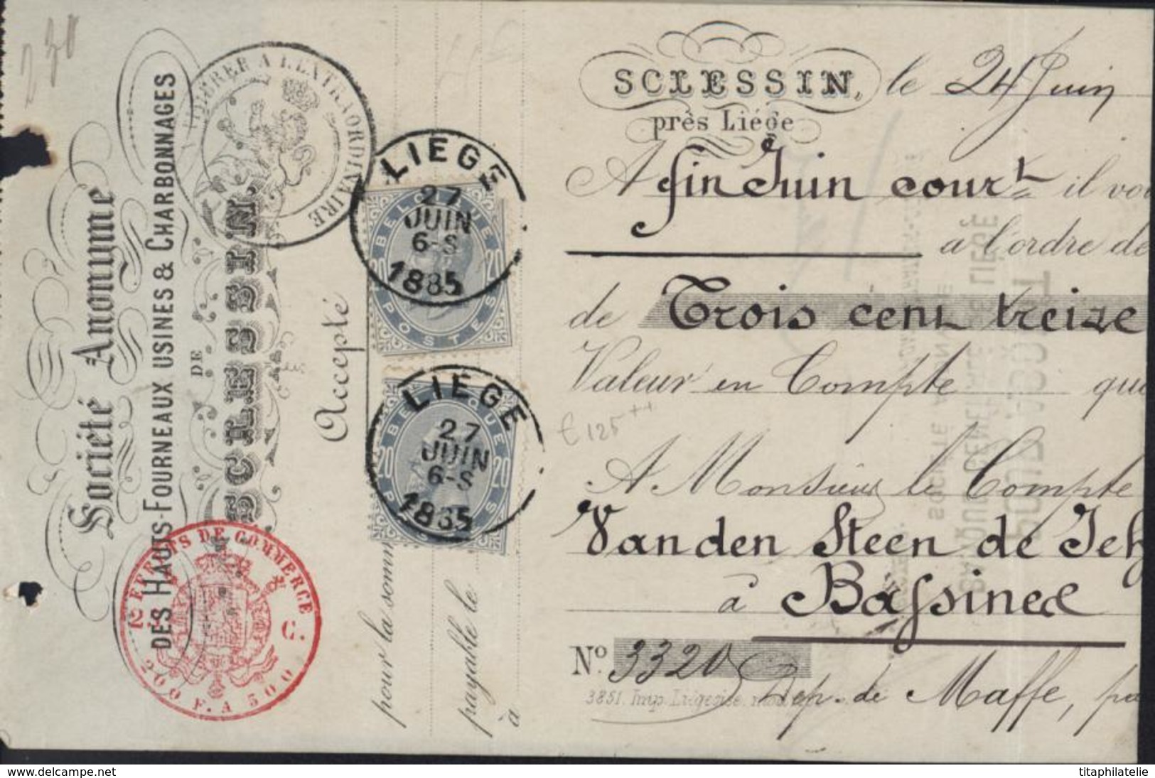 Traite SA Hauts Fourneaux Usines Charbonnages Sclessin Timbres Fiscaux Lion Extraordinaire +YT 39 X2 Comme Taxe 1885 - Stamps