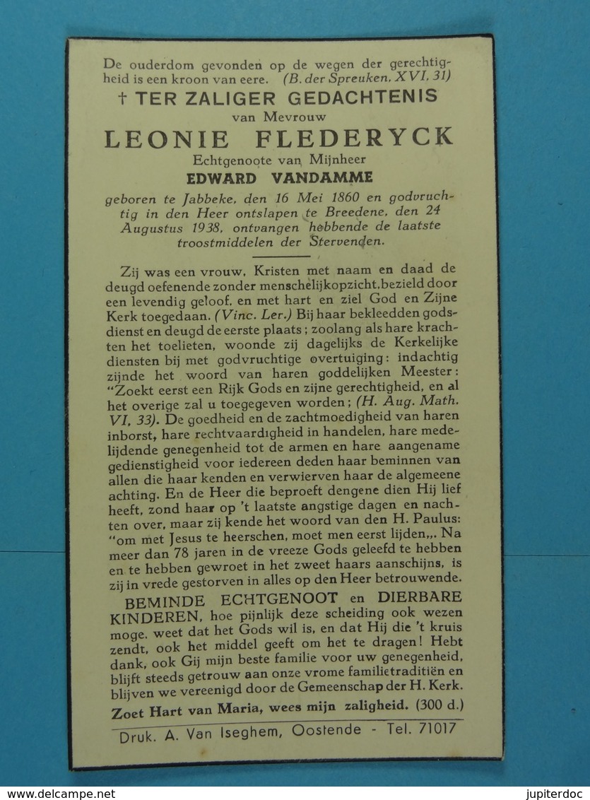 Leonie Flederyck épse Vandamme Jabbeke 1860 Breedene 1938 - Images Religieuses