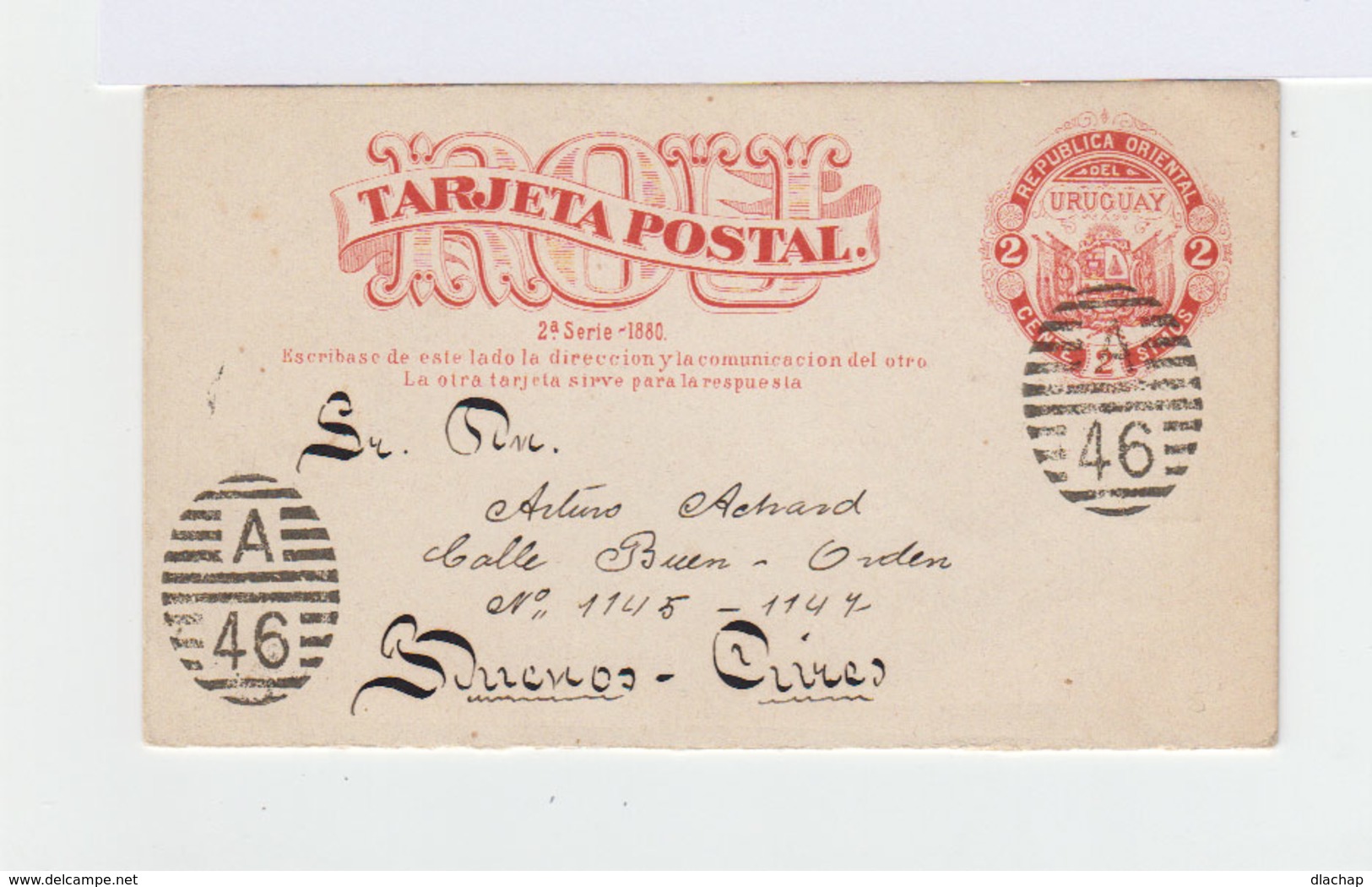 Entier Postal Uruguay Montendeo 1891. Tarjeta Postal. Oblitéré A 46. Correspondance. Réponse Payée Non Utilisée. (953) - Uruguay