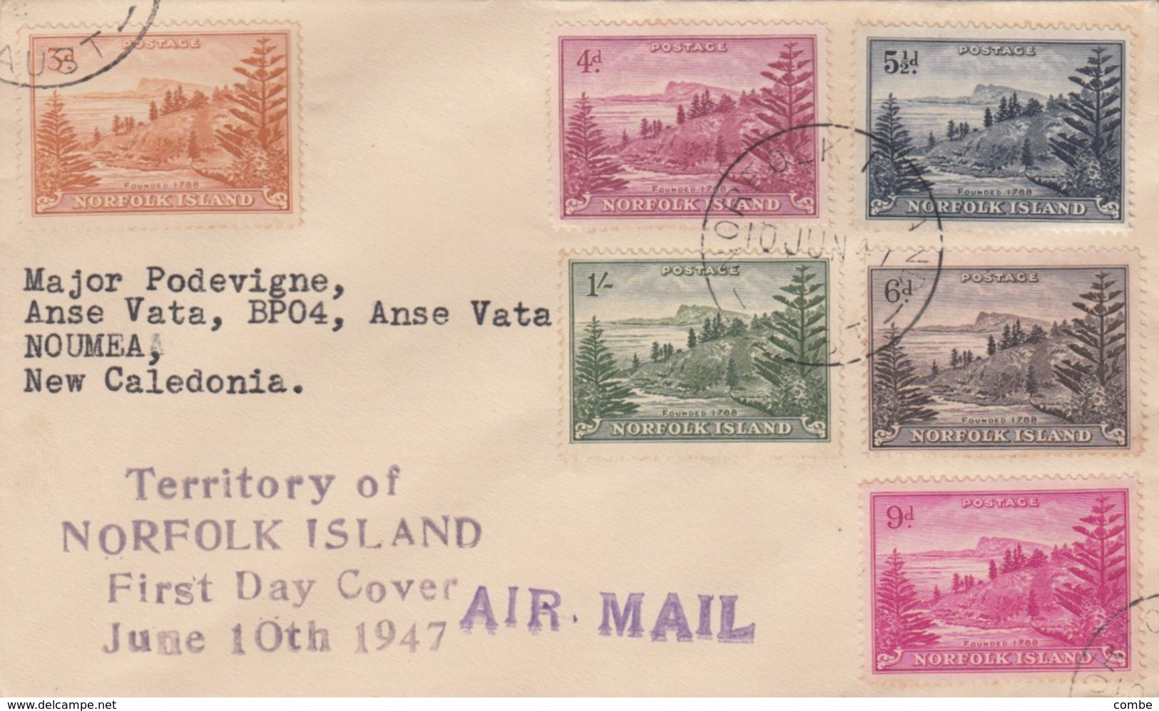 COVER. AIR MAIL. NORFOLK ISLAND. 10 JUN 47. FDC. TO NOUMEA NOUVELLE CALEDONIE - Isla Norfolk