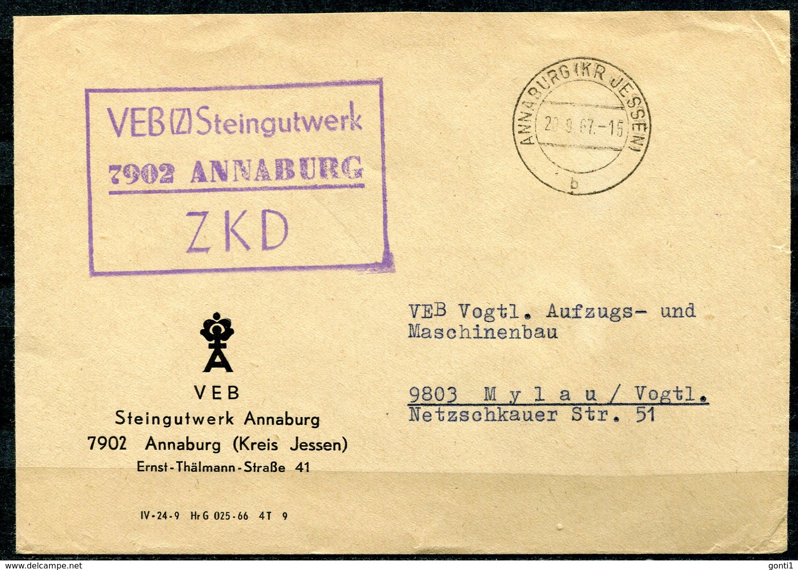 DDR 1967 ZKD Bedarfsbrief Mit Blauen.ZKD Kastenstempel"VEB Steingutwerk 7902 Annaburg ZKD "1 Beleg - Sonstige & Ohne Zuordnung