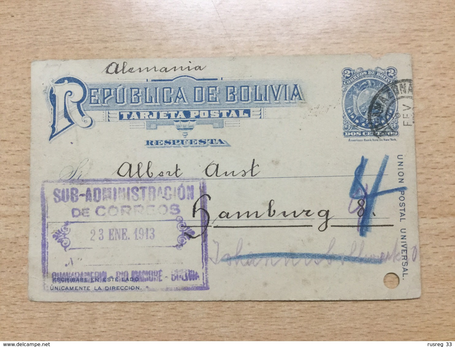 FL3698 Bolivien Ganzsache Stationery Entier Postal  Karte Von Amazonas über Porto Velho Nach Hamburg - Bolivien