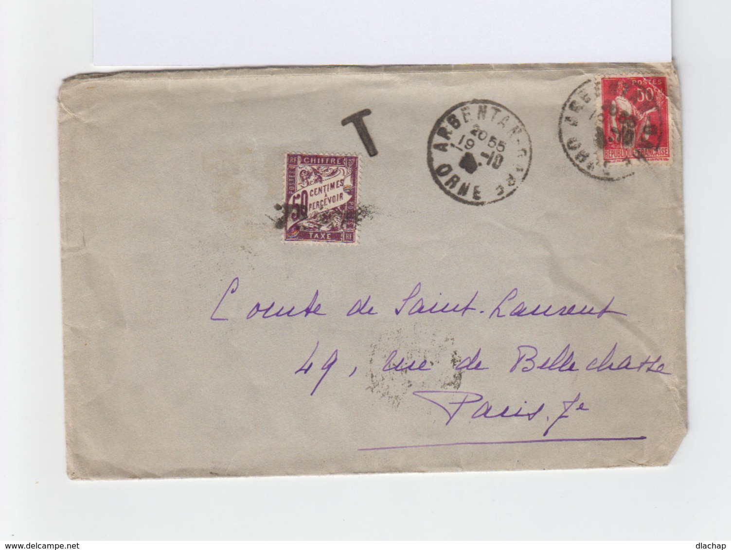 Sur Enveloppe Type Paix 50 C. Rose Rouge CAD Argentan 1935 Et Timbre Taxe 50 C. Lilas. Cachet T Taxe. (955) - 1921-1960: Période Moderne