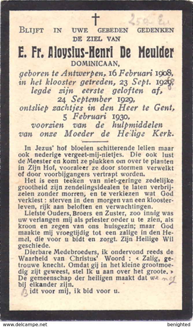 Bidrpent - De Meulder Aloysius-Henri (Antwerpen 1908 - Gent 1930): Dominicaan - Klooster Getreden 1929 - Images Religieuses