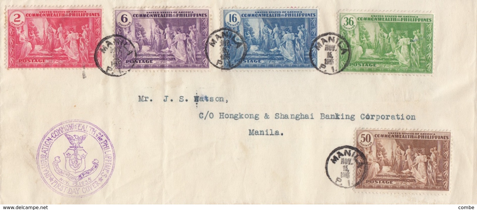 COVER. THE HONGKONG AND SHANGAI BANKING CORPORATION. MANILA PHILIPPINES FDC.15 NOV 1935. USA COMMONWEALTH PHILIPPINES - Filipinas