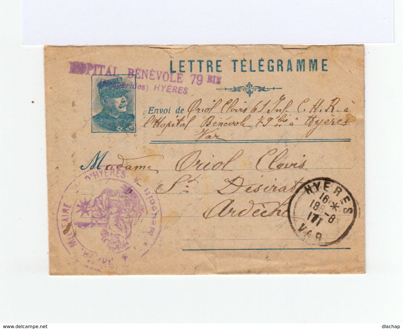 Lettre Télégramme AC 1917 De L'hôpital Bénévole De Hyères. Cachet Hôpital Militaire Et CAD Hyères. (959) - Guerre De 1914-18