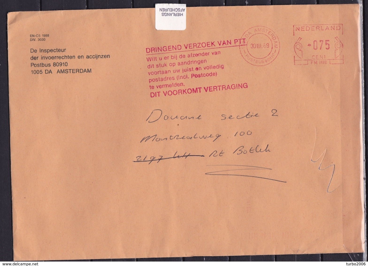 1969 "Dringend Verzoek Van PTT Etc" Rood Stempel Op Dienstenvelop Douane Amsterdam Naar Sectie 2 Rotterdam - Poststempels/ Marcofilie