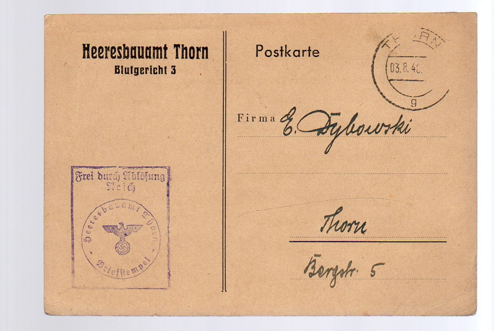 1940 Lagerhaus 16, Heeresbauamt  Thorn Malerarbeiten,  Frei Durch Ablosung (192) - Briefe U. Dokumente