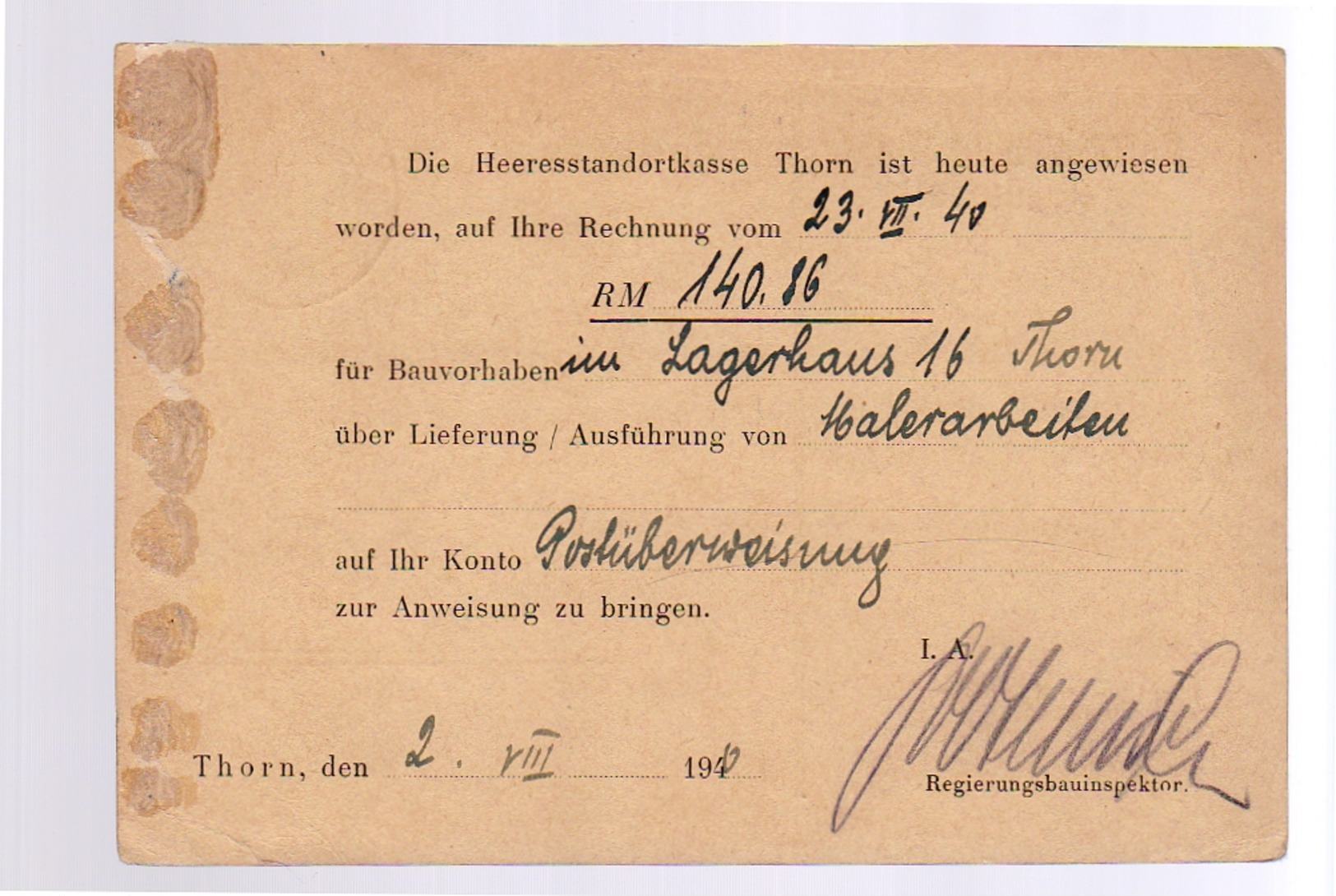 1940 Lagerhaus 16, Heeresbauamt  Thorn Malerarbeiten,  Frei Durch Ablosung (192) - Briefe U. Dokumente