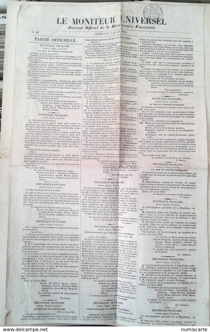 Rare Le Moniteur Universel 3 Mars 1848 - Révolution De 1848 - Journal Officiel De La République Française - 1800 - 1849