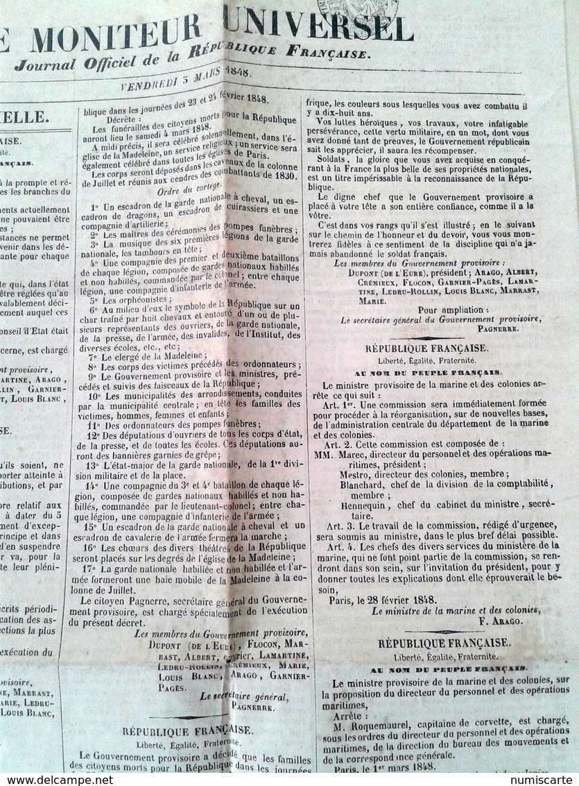 Rare Le Moniteur Universel 3 Mars 1848 - Révolution De 1848 - Journal Officiel De La République Française - 1800 - 1849