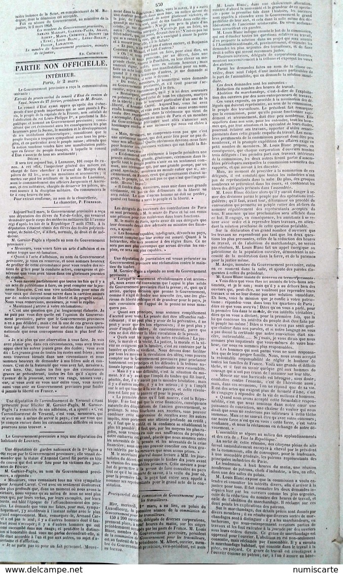 Rare Le Moniteur Universel 3 Mars 1848 - Révolution De 1848 - Journal Officiel De La République Française - 1800 - 1849