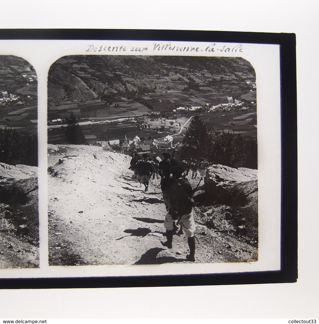 Photo Plaque De Verre Stéréoscopique Chasseurs Alpins Descente Sur Villeneuve La Salle - Photos Stéréoscopiques