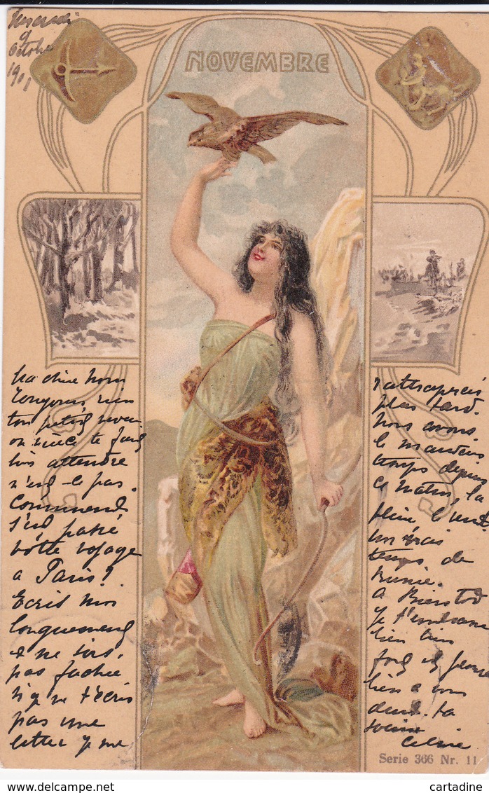 CPA  Représentation NOVEMBRE - Signe Astrologique Sagittaire - Fantaisie Femme + Anges - 1901 - Astrologie