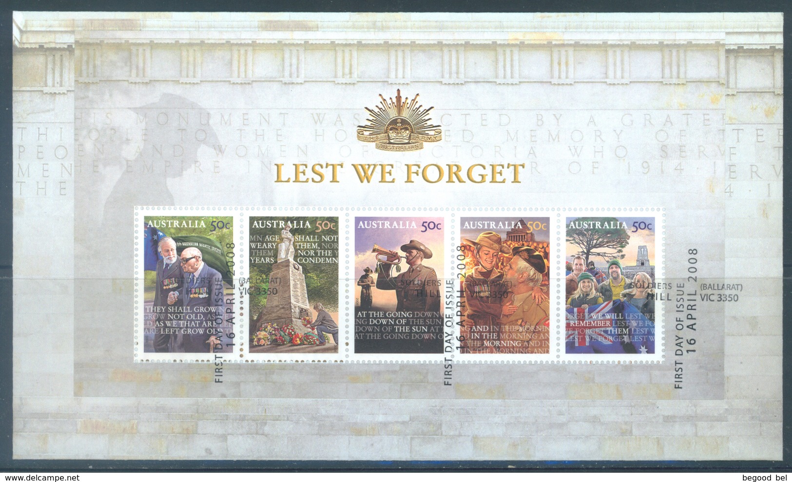 AUSTRALIA  - FDC - 1.4.2008 - LEST WE FORGET - Yv 2870-2879 BLOC 105 - Lot 18543 - Premiers Jours (FDC)