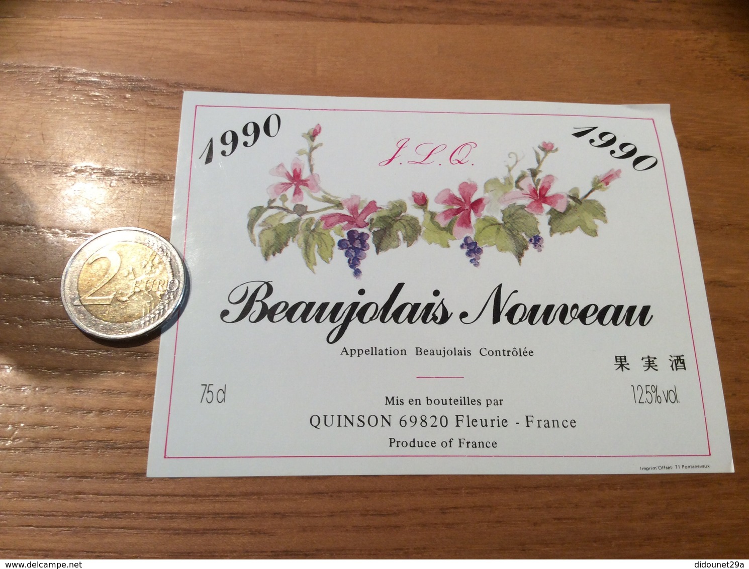 Etiquette Vin 1990 «BEAUJOLAIS NOUVEAU - JL Quinson - Fleurie (69)» - Beaujolais