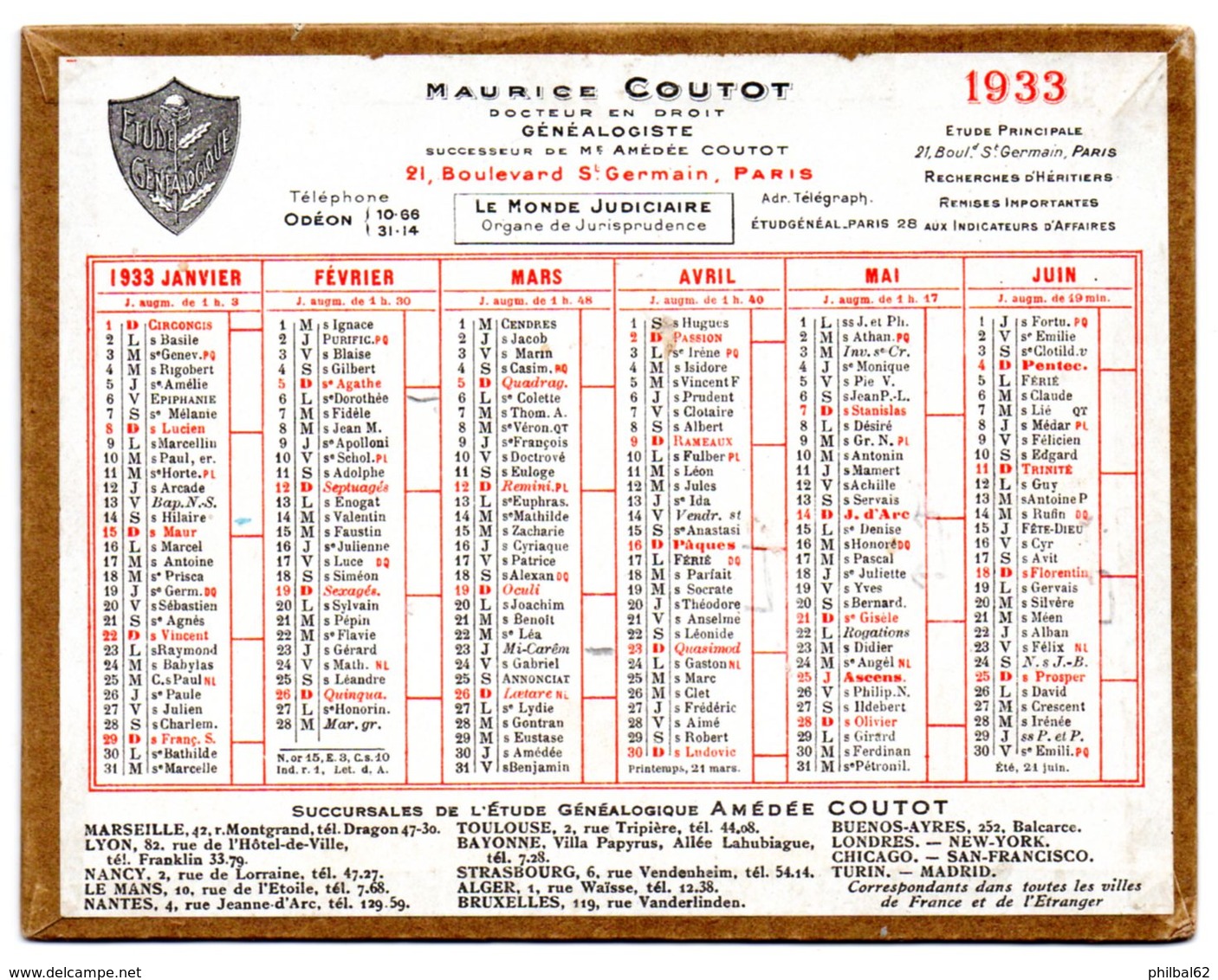 Petit Calendrier Cartonné 1933. A.Coutot, Avocat Généalogiste, Recherche D'héritiers. Paris, Bd. St. Germain. - Petit Format : 1921-40