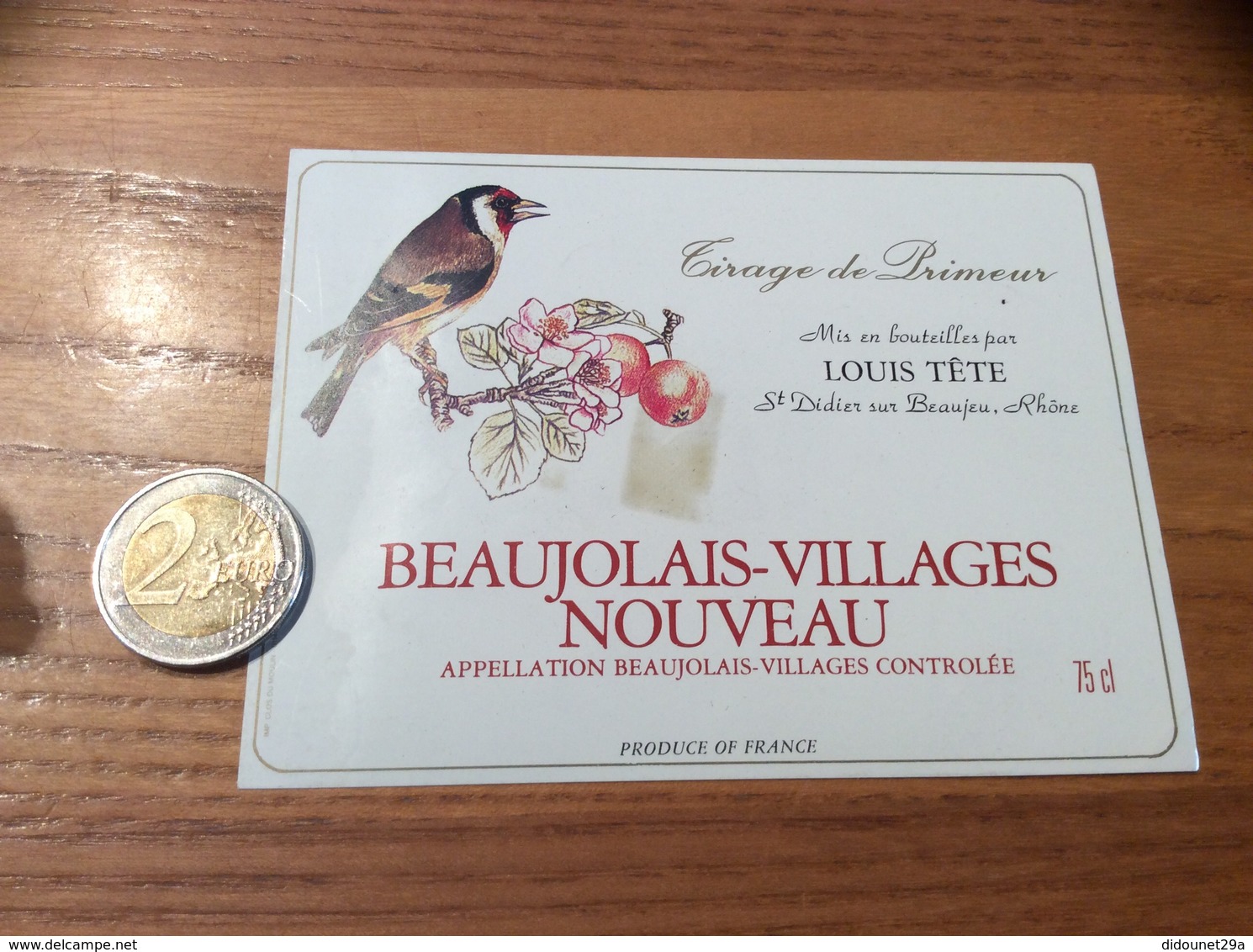 Etiquette Vin « BEAUJOLAIS VILLAGES NOUVEAU - LOUIS TÊTE -SAINT-DIDIER-SUR-BEAUJEU (69) » (oiseau) - Beaujolais