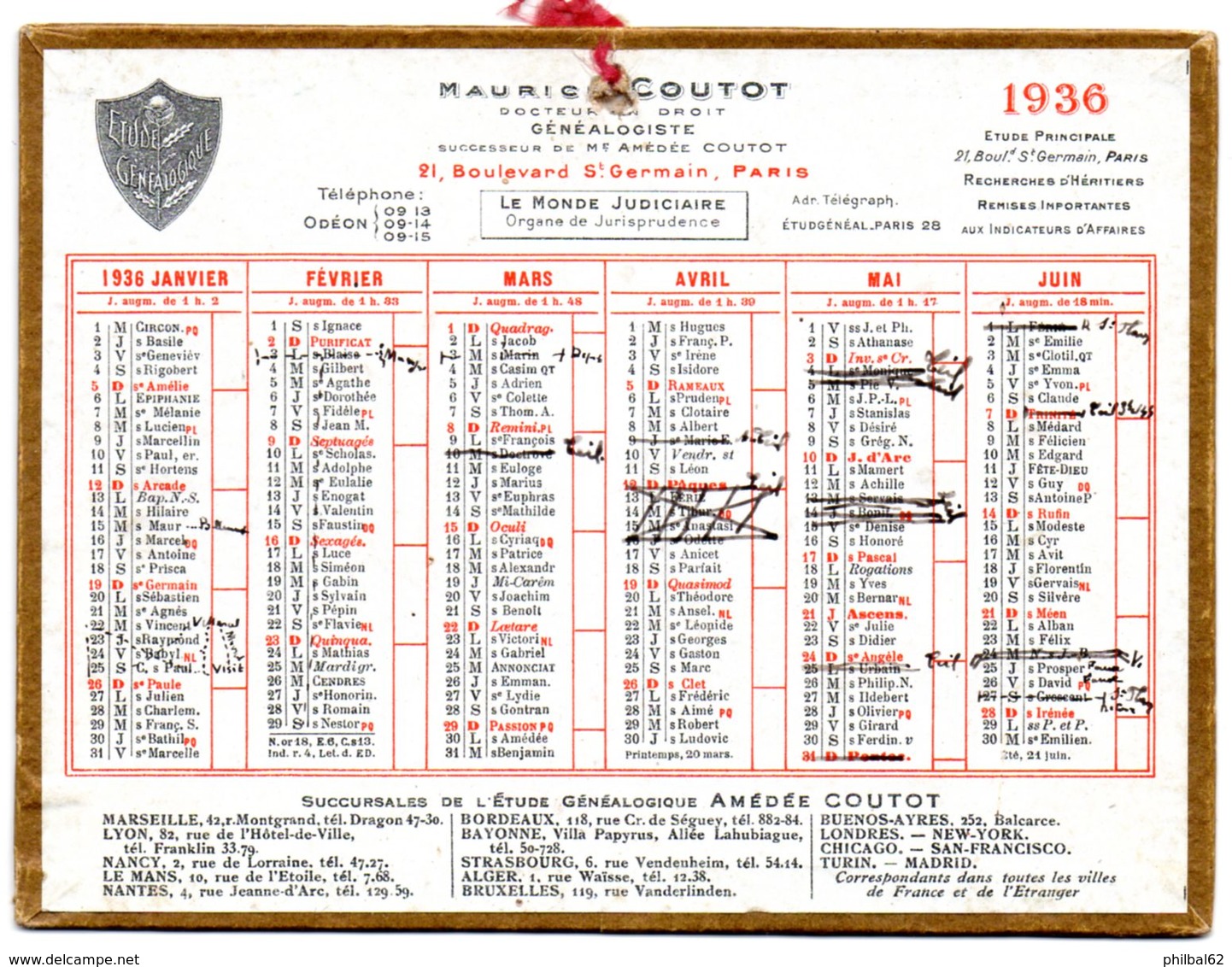 Petit Calendrier Cartonné 1936. A.Coutot, Avocat Généalogiste, Recherche D'héritiers. Paris, Bd. St. Germain. - Small : 1921-40