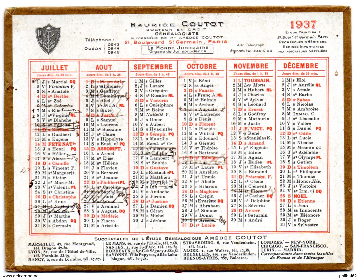 Petit Calendrier Cartonné 1937. A.Coutot, Généalogiste, Recherche D'héritiers. Paris, Bd. St. Germain. - Petit Format : 1921-40