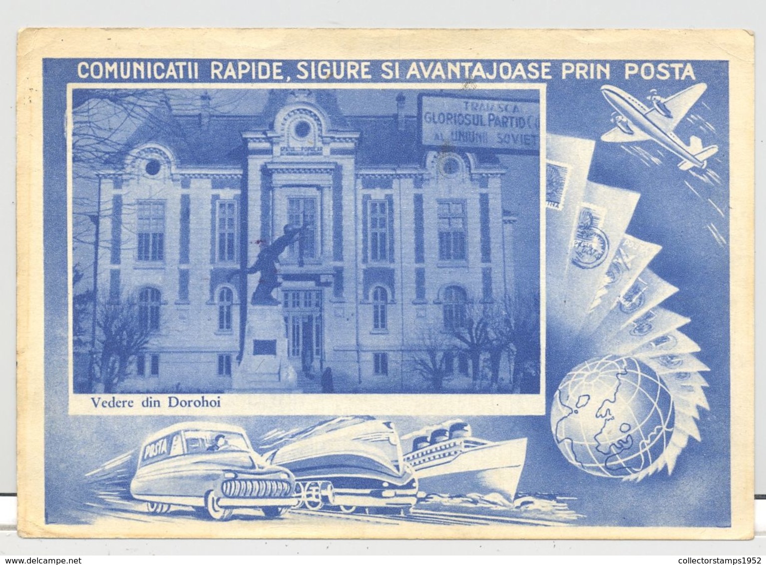 CPA DOROHOI- TOWN HALL, MONUMENT, CAR, TRAIN, SHIP, PLANE - Romania