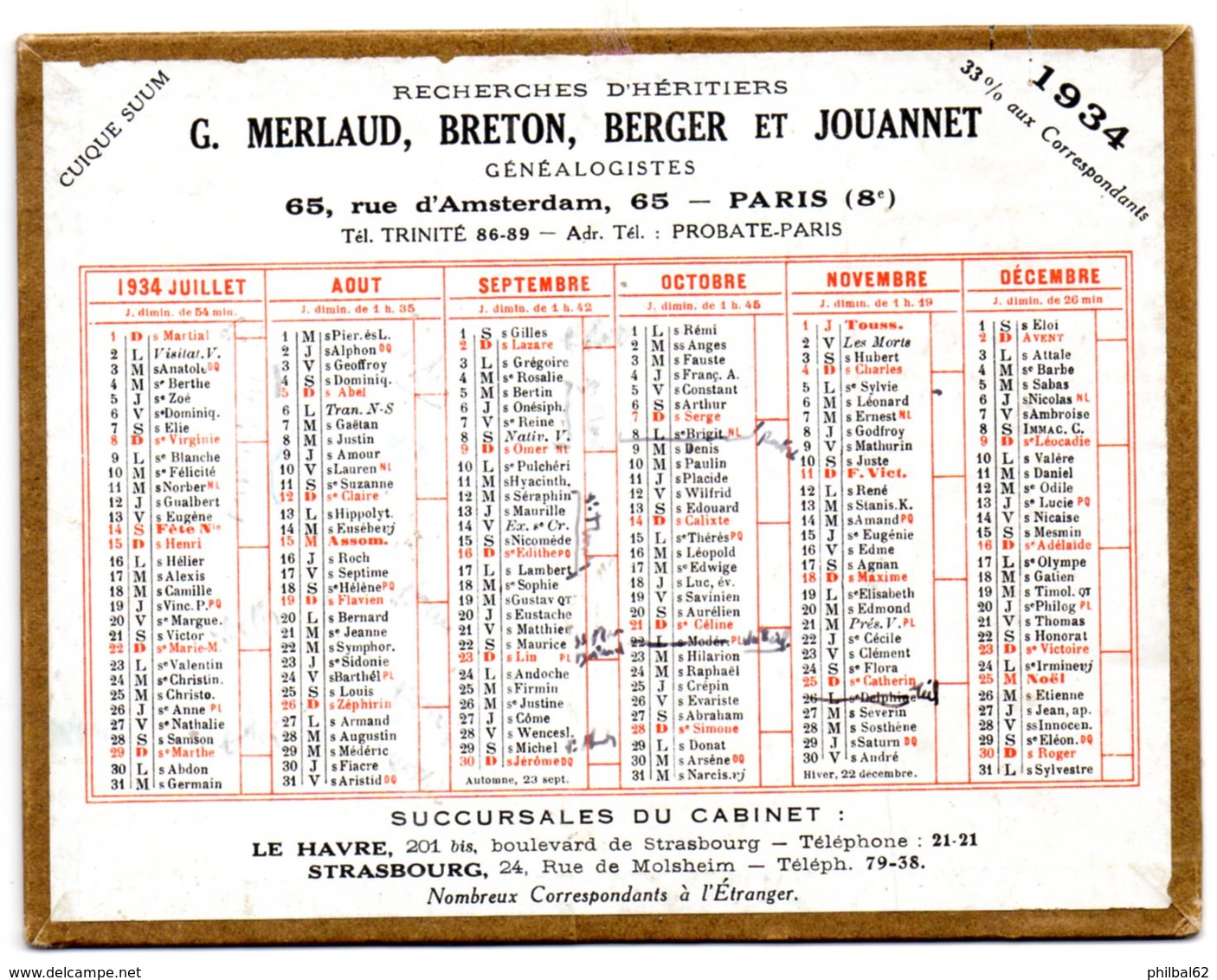 Petit Calendrier Cartonné 1934, Merlaud, Breton, Berger, Jouannet, Généalogistes à Paris - Petit Format : 1921-40