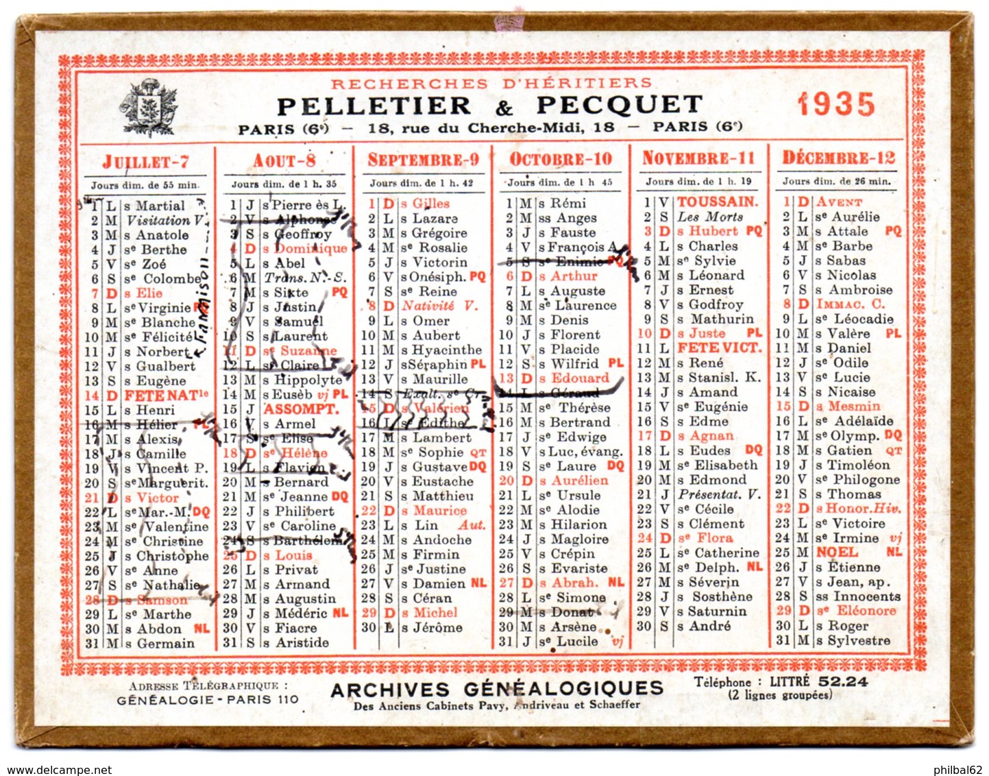 Petit Calendrier Cartonné 1935, Pelletier & Pecquet, Recherche D'héritiers, Paris. - Petit Format : 1921-40