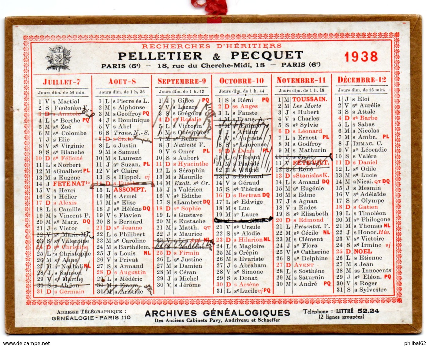 Petit Calendrier Cartonné 1938, Pelletier & Pecquet, Recherche D'héritiers, Paris. - Petit Format : 1921-40