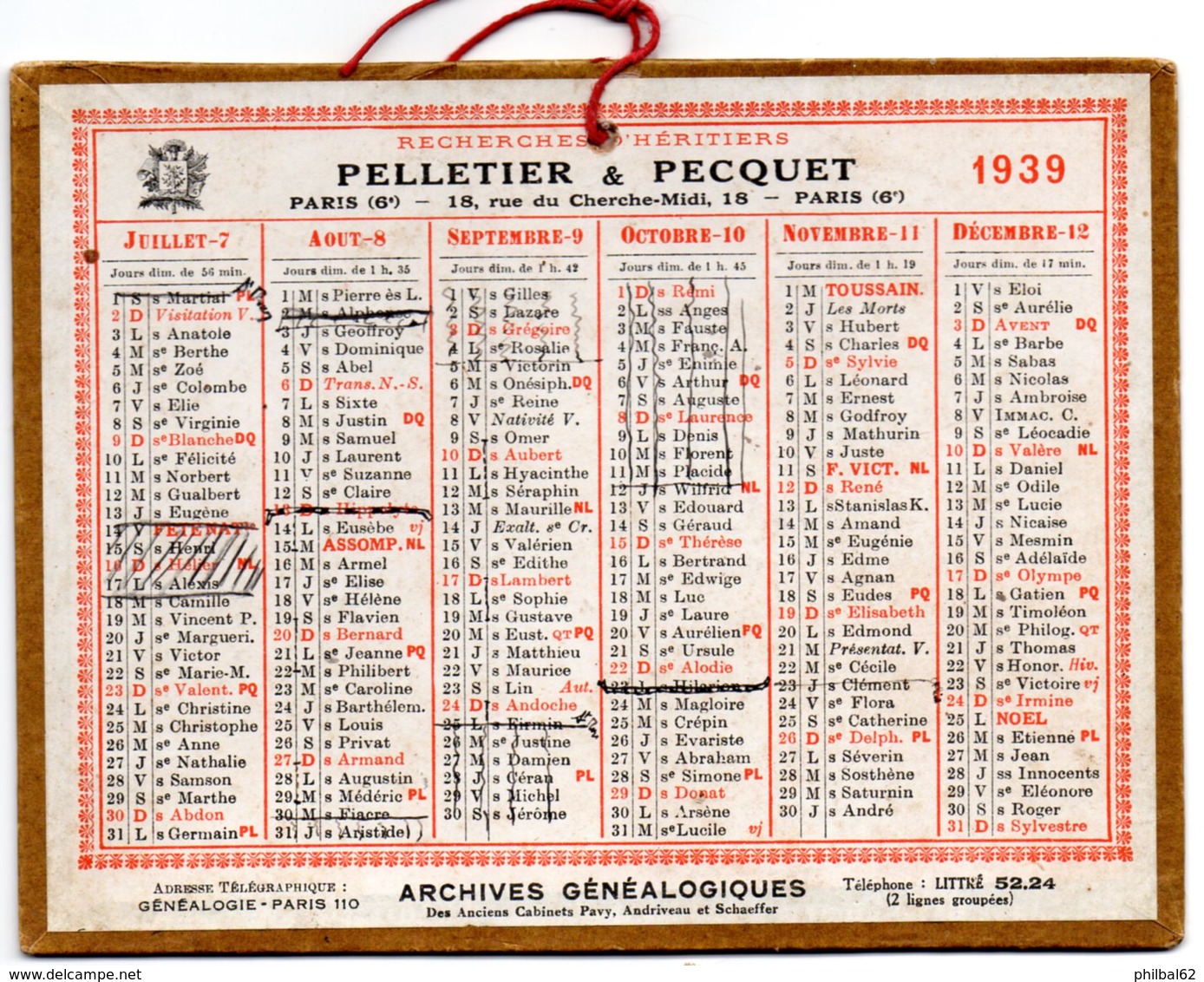 Petit Calendrier Cartonné 1939, Pelletier & Pecquet, Recherche D'héritiers, Paris. - Petit Format : 1921-40