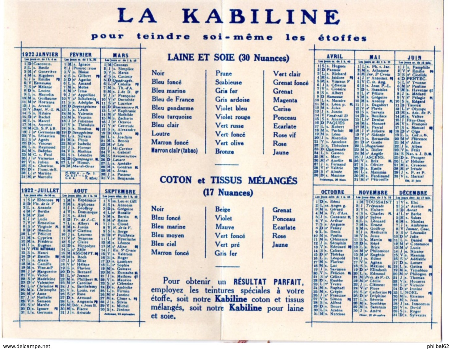 Petit Calendrier De Poche 1922. La Kabiline, Boules à Raviver. - Petit Format : 1921-40