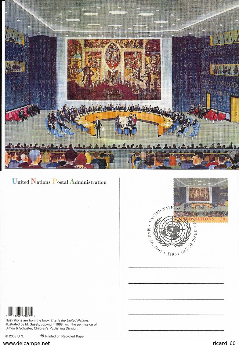 Onu,united Nations, New York ,entier Postal  2003  Fdc, This Is The United Nations Illustration,salle Du Conseil, Enfer - Lettres & Documents