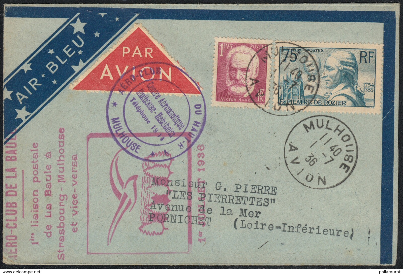 1ère Liaison Aérienne Air-Bleu "Mulhouse-Strasbourg-La Baule" 1er Juillet 1936 - 1927-1959 Lettres & Documents