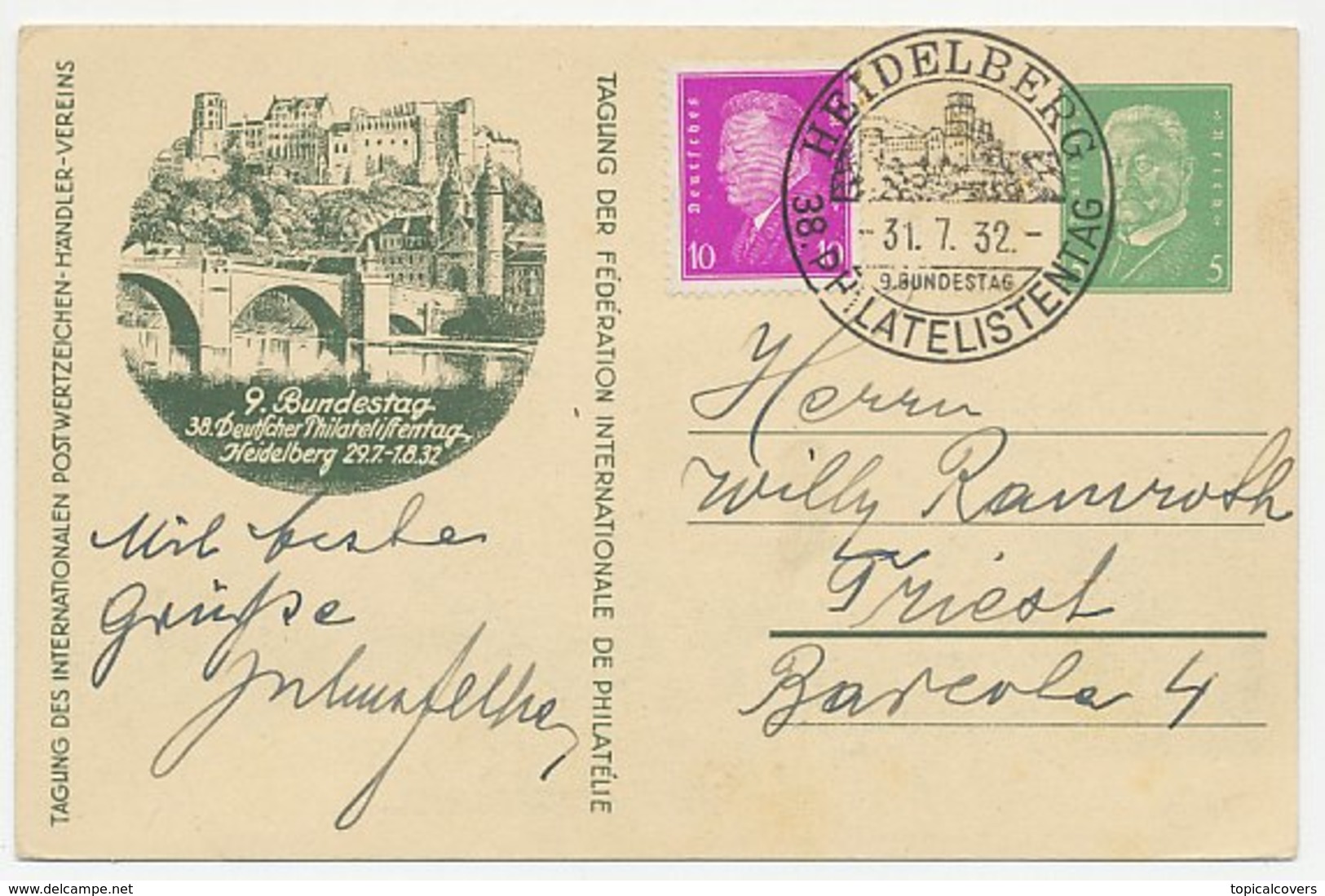 Postal Stationery Germany 1932 Heidelberg - Bridge - Philatelic Day - Puentes