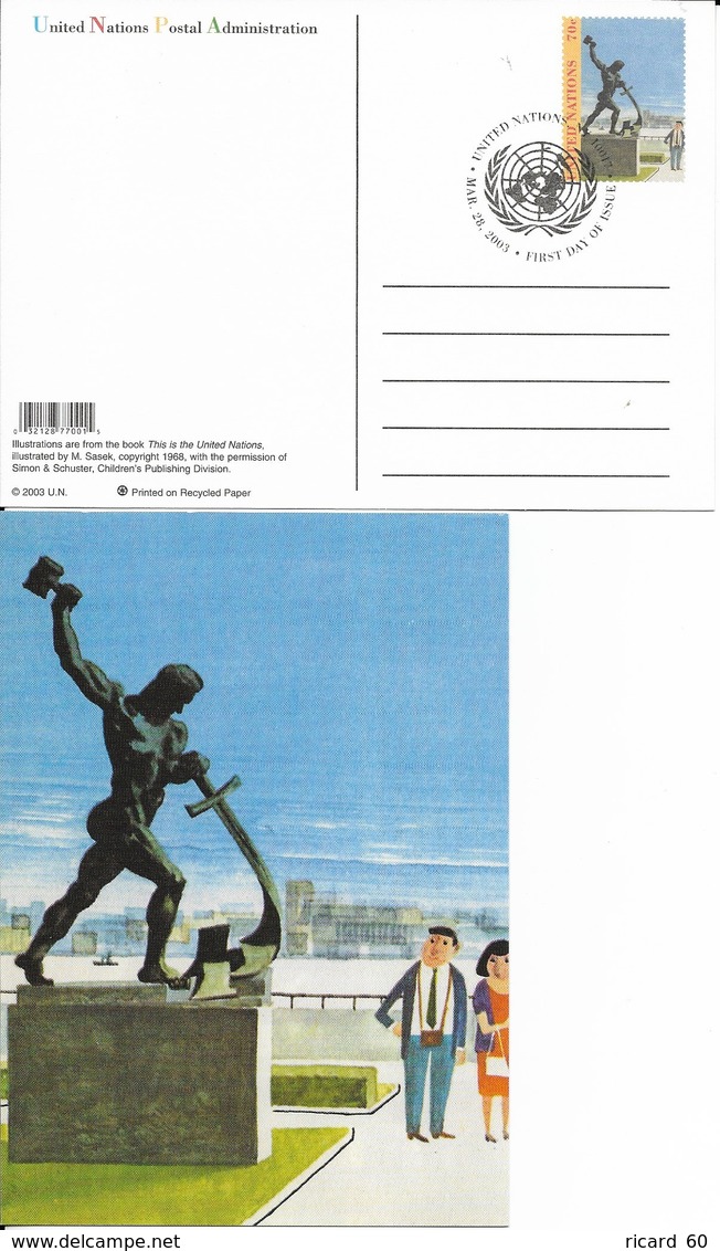 Onu,united Nations, New York ,entier Postal  2003  Fdc, This Is The United Nations Illustration,statue, Sculpture - Lettres & Documents