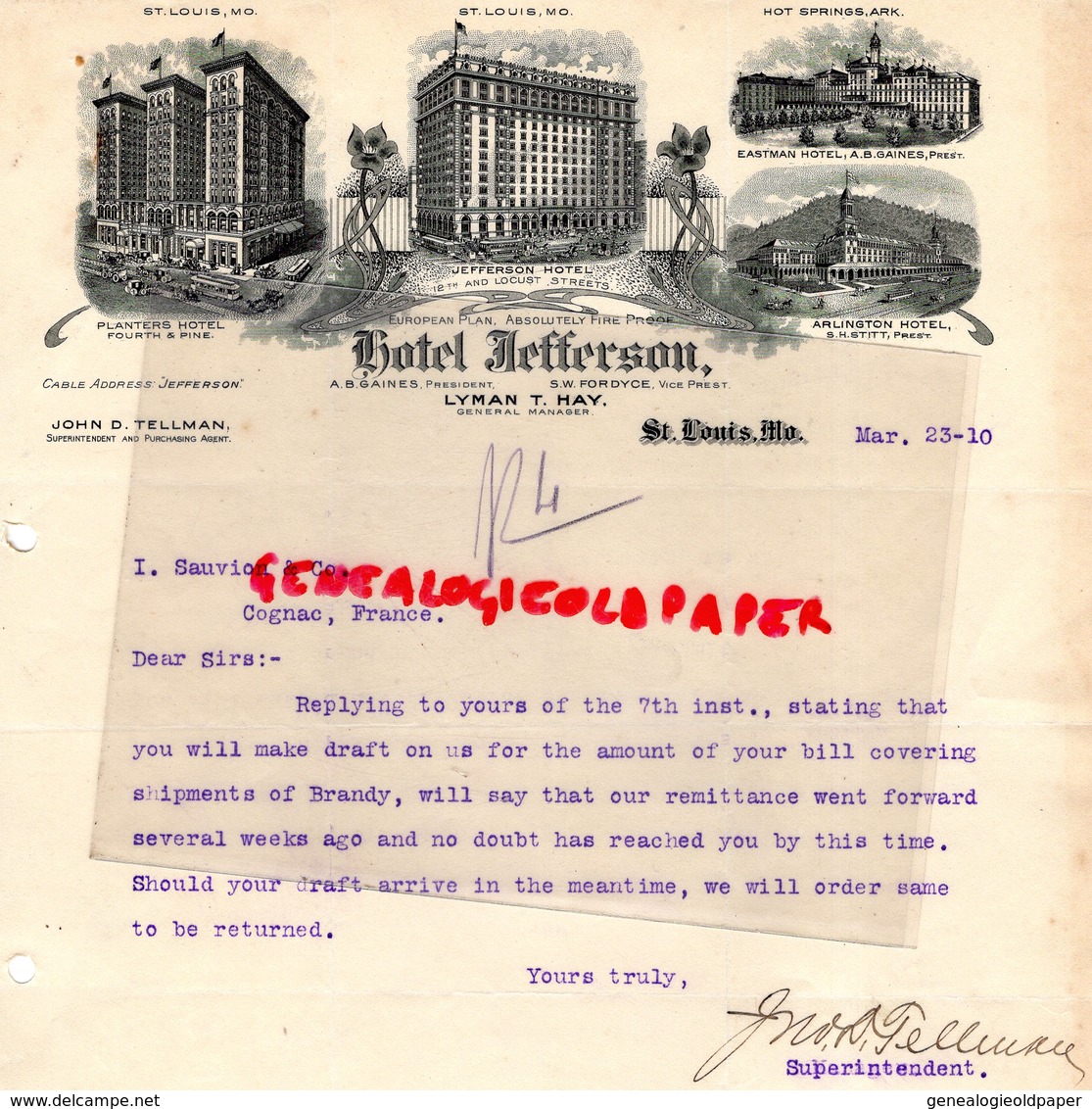 ETATS UNIS AMERIQUE- RARE LETTRE HOTEL JEFFERSON-SAINT LOUIS-PLANTERS -EASTMAN -ARLINGTON-GAINES-FORDYCE-LYMAN T. HAY - Etats-Unis