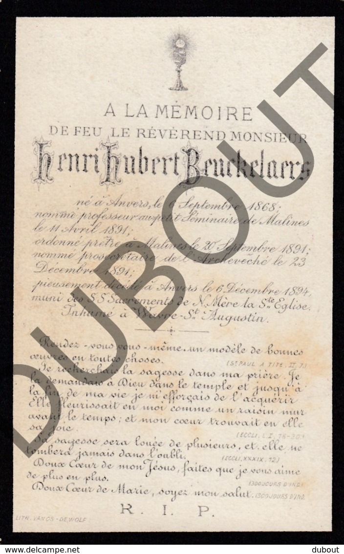 Doodsprentje Pater/Frère Henri Hubert Beuckelaers °1868 Antwerpen/Anvers †1894 Antwerpen Malines/Mechelen (F99) - Obituary Notices