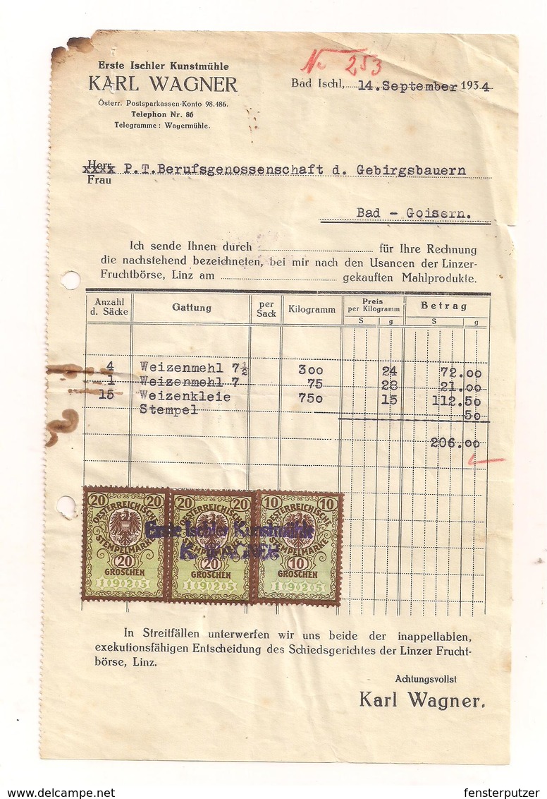 Rechnung Bad Ischl 14.9.1934 Mit Erlagschein - Und Aufgeklebten Stempelmarken - Austria