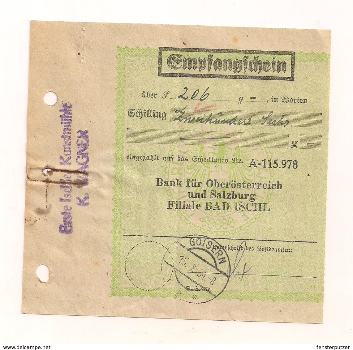 Rechnung Bad Ischl 14.9.1934 Mit Erlagschein - Und Aufgeklebten Stempelmarken - Austria