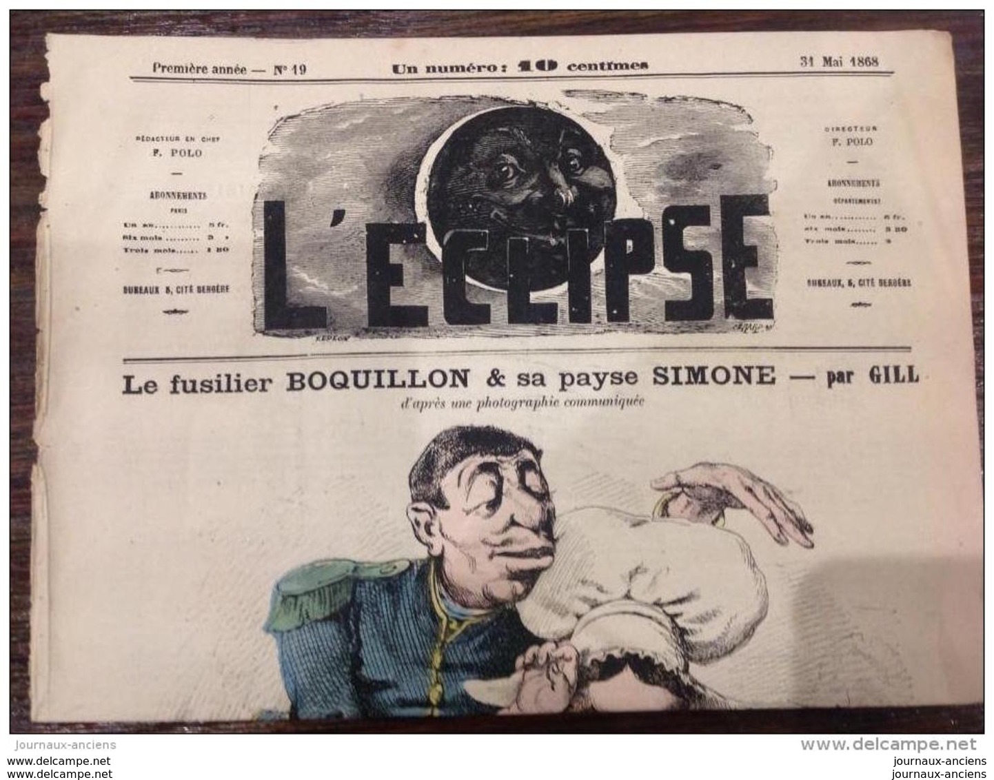 1868 Journal L'ÉCLIPSE N° 19 LE FUSILIER BOQUILLON ET SA PAYSE SIMONE Par Andre GILL - 1850 - 1899