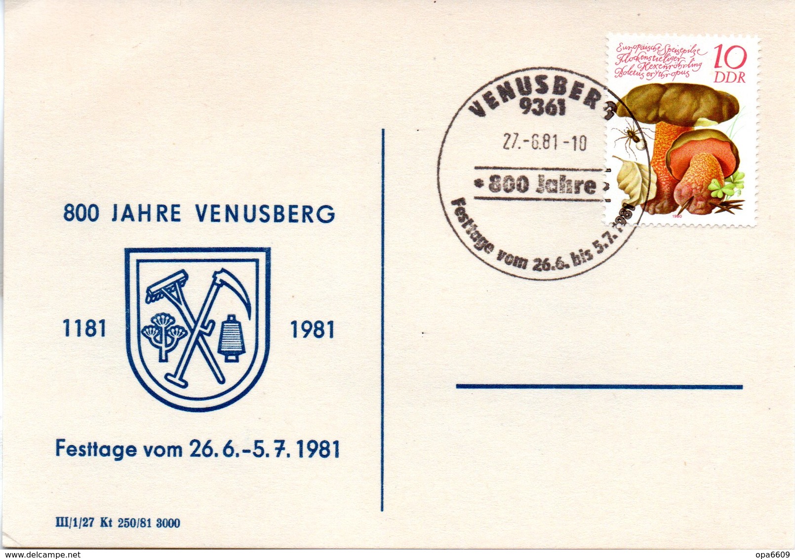 (DDR-B1) DDR Sonderkarte "800 Jahre VENUSBERG 1181-1981" EF Mi 2552, SSt. 27.6.81 VENUSBERG - Briefe U. Dokumente