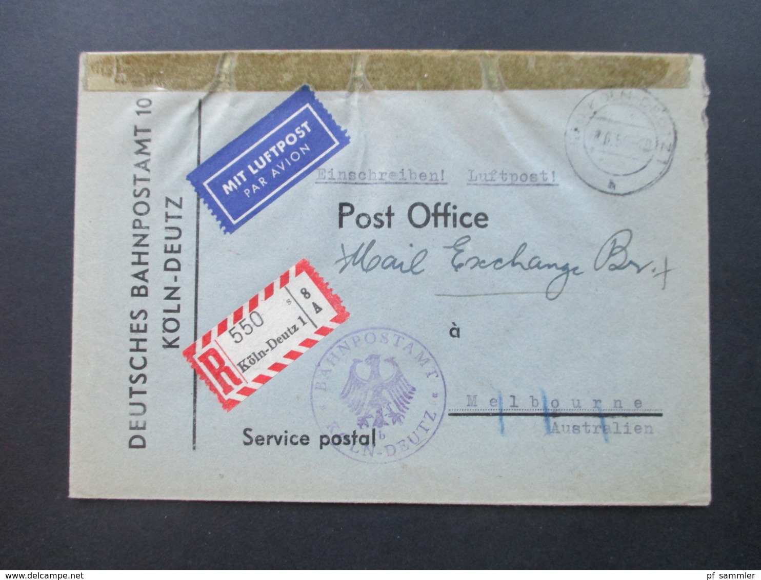 BRD 1956 Seltene Postsache LuPo Einschreiben Nach Australien Mit AK Stempel PMOB. Bahnpostamt Köln - Deutz - Briefe U. Dokumente