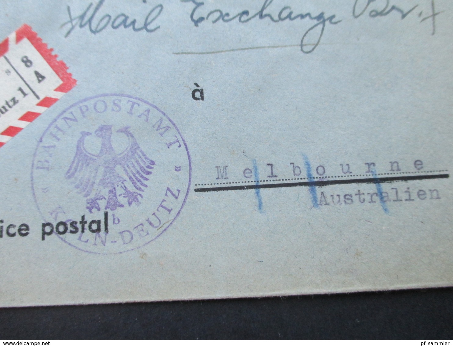 BRD 1956 Seltene Postsache LuPo Einschreiben Nach Australien Mit AK Stempel PMOB. Bahnpostamt Köln - Deutz - Briefe U. Dokumente