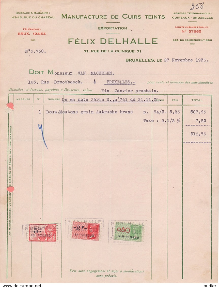 1935: Facture De ## Félix DELHALLE, Rue De La Clinique, 71, BXL. ## à ## Mr. VAN MECHELEN, Rue Drootbeek, 165, BXL. ## - Kleidung & Textil